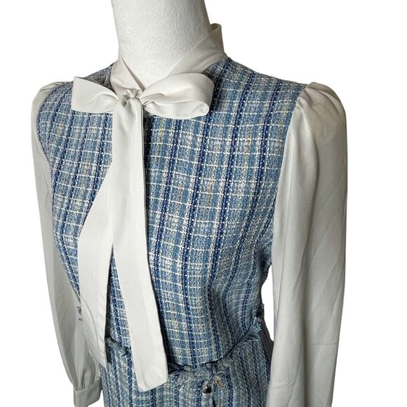 90s Clueless Preppy Style Blue Plaid Tweed Lady Dress Coquette Academia MEDIUM - Picture 6 of 10